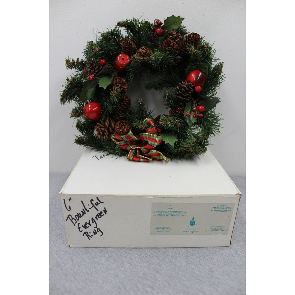PartyLite Wreath 6in Green Bountiful Evergreen Ring P0036 Pinecones Apples Bow
